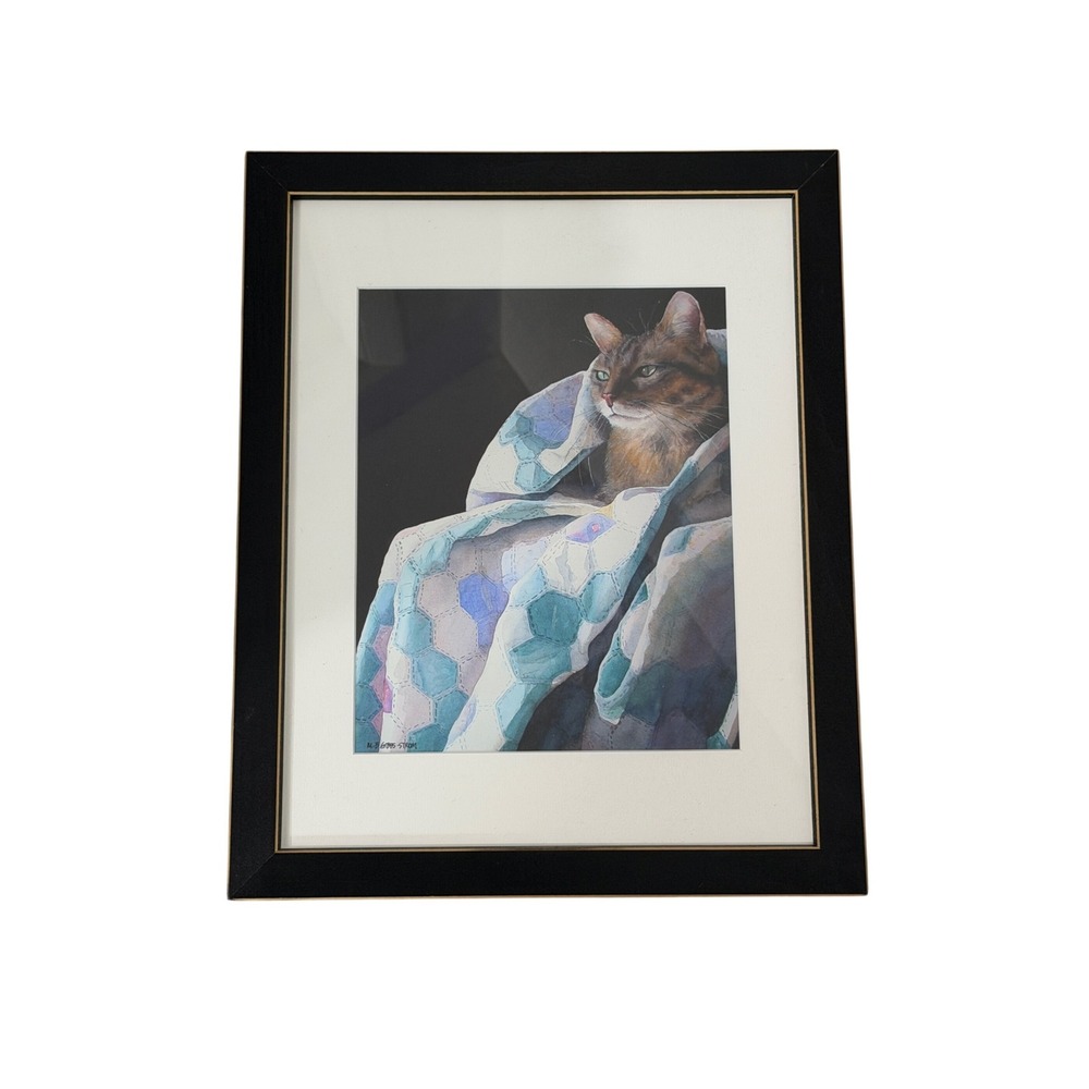 M.D. Gibbs-Strom Cat Under Quilt Art Print  Black Framed Watercolor